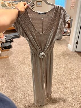 Caution To The Wind Taupe Knit Tie-Front Jumpsuit